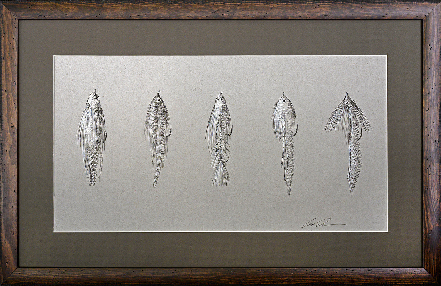 A drawing of 5 streamers is surrounded by a green mat and framed with brown wood