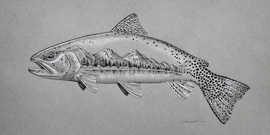 A drawing of a cutthroat trout with a mountain and lake scene inside it
