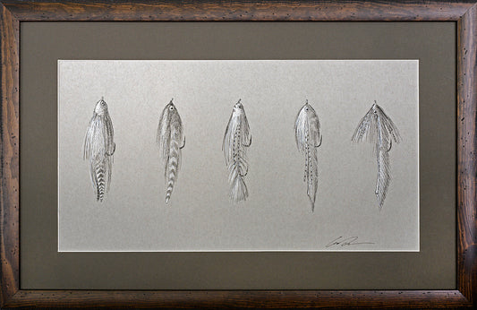 A drawing of 5 streamers is surrounded by a green mat and framed with brown wood